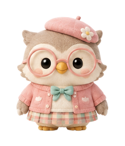 Momo the owl, wearing a pink beret and glasses